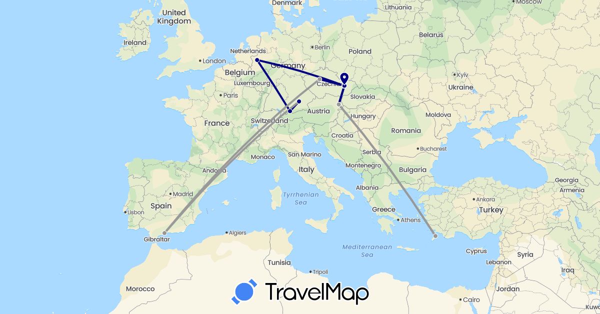 TravelMap itinerary: driving, plane in Austria, Czech Republic, Germany, Spain, Greece (Europe)